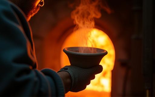 Una persona con guanti protettivi e occhiali di sicurezza che tiene un pezzo di ceramica fumante appena estratto dal forno Raku, con fiamme visibili.